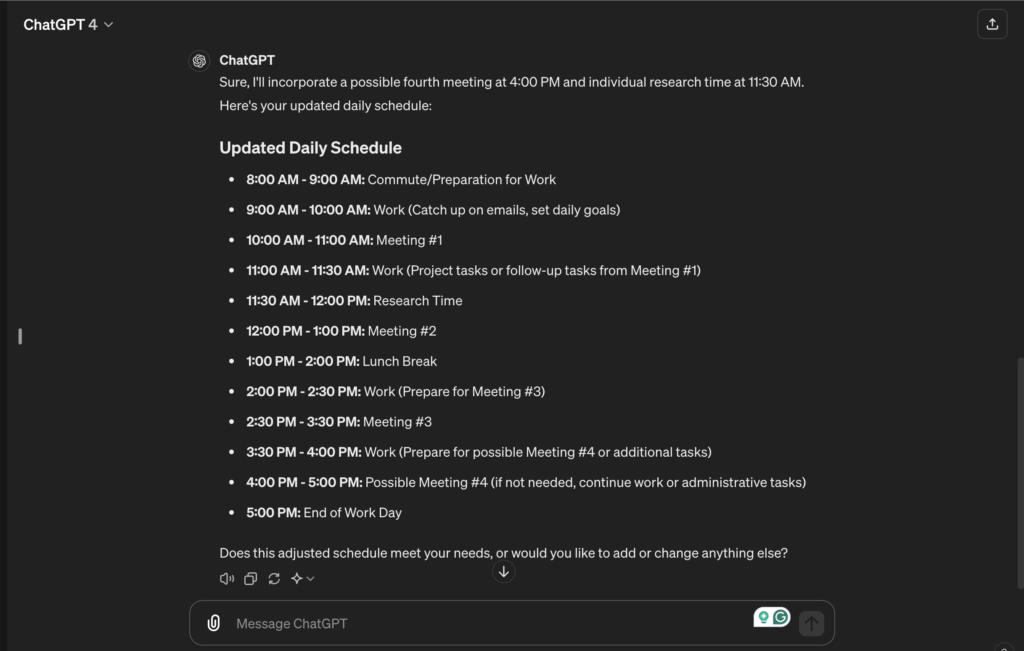 ChatGPT response providing an updated daily schedule that includes a fourth possible meeting at 4:00 PM and research time at 11:30 AM